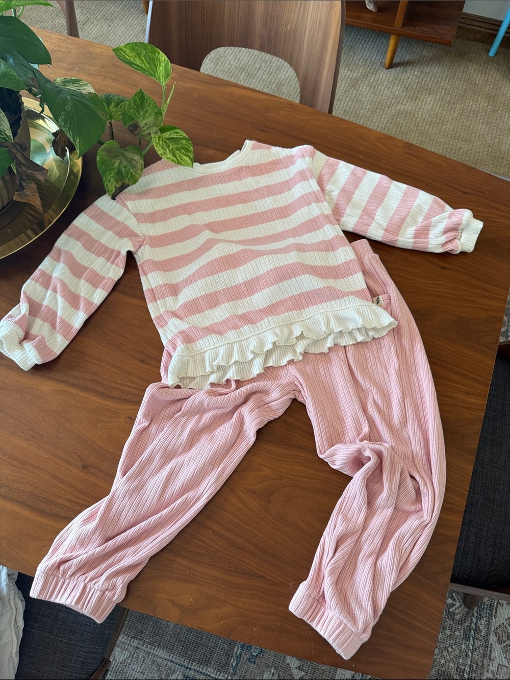 Girls' Pink & White Striped Lounge Set with Ruffle Hem
